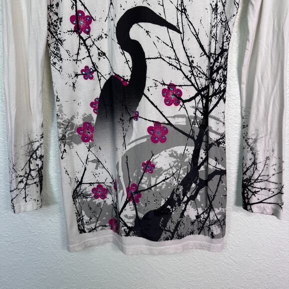 Christian Audigier Crystal Rock Top Womens Large Crane Blossom Y2K Tunic Shirt T - Picture 9 of 13